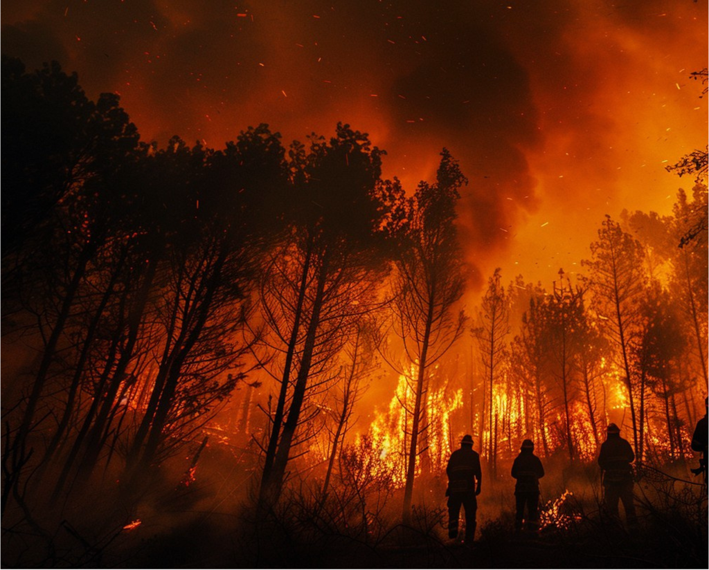 Wild fire burns with silhouettes of firefighters in the foreground